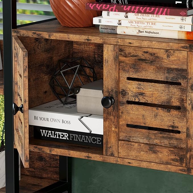 IRONCK Industrial Bookshelf and Bookcase with 2 Louvered Doors 5 Tiers Triple Wide Display Shelf with Storage Cabinet for Living Room Home Office-DeskLoop Office