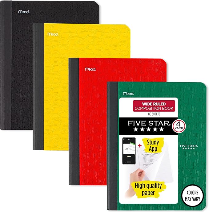Five Star Composition Book + Study App, 4 Pack, Wide Ruled Paper, 7-1/2" x by FiveStar