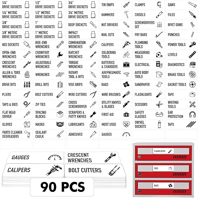 90 PCS Magnetic Toolbox Labels, 82 Pre-Printed & 8 Blanks Large Size Tool Chest by VANTASII