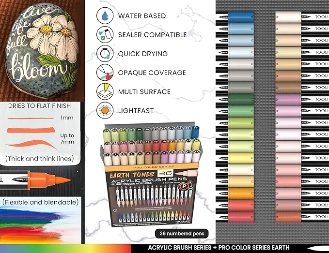 36 Flexible Brush Tip Earth Tones Acrylic Paint Pens Markers Set 1-7mm Line for Rock Painting, Brush Lettering, Glass, Mugs, Wood, Metal, Canvas, Fabric, Plastic. Non Toxic Waterbased Quick Drying-DeskLoop Office