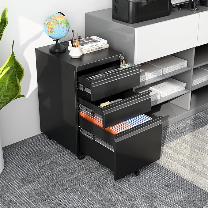 3 Drawer Under Desk Mobile File Cabinet with Lock, Metal Storage Cabinet for Office & Home, Legal/Letter Size, Fully Assembled Except Wheels, Black-DeskLoop Office