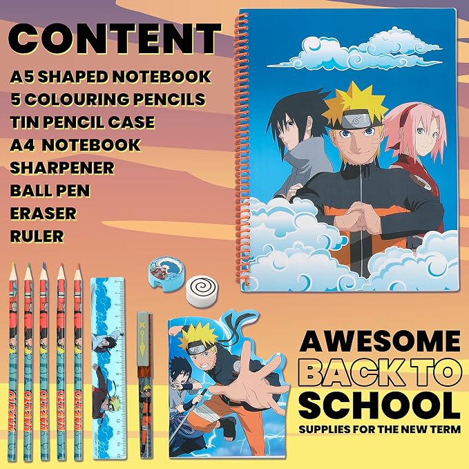 Naruto Stationery Set with Colouring Pencils Tin Pencil Case Childrens - Image 6