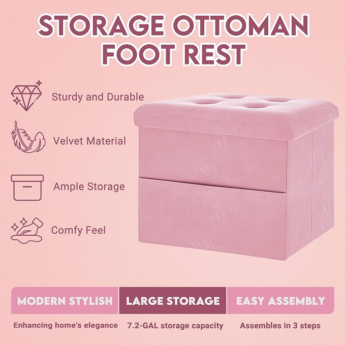 ZOES HOMEWARE Small Storage Ottoman Foot Rest, Velvet Ottoman - Image 4