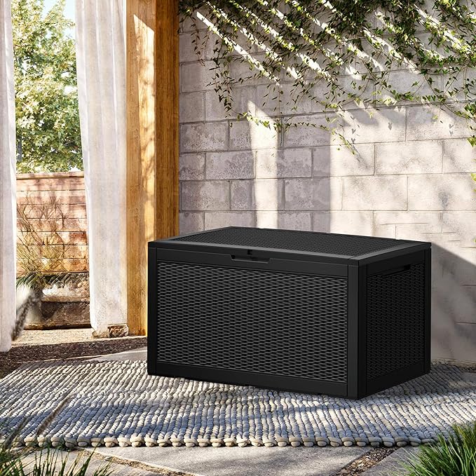 100 Gallon Resin Deck Box, Waterproof Outdoor Storage Bin for Patio Furniture, Pool Accessories, and Garden Tools, Lockable & UV-Resistant, Black-DeskLoop Office
