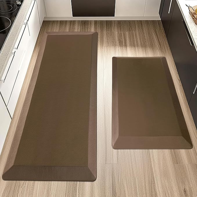 2 PCS Anti Fatigue Kitchen Mats for Floor, Brown 9/10 Extra Thick Cushioned Standing Desk Mat, Comfort Memory Foam Ergonomic Rugs and Mats Non-Slip Waterproof for Office, Kitchen, 20"x32"+20"x48"-DeskLoop Office
