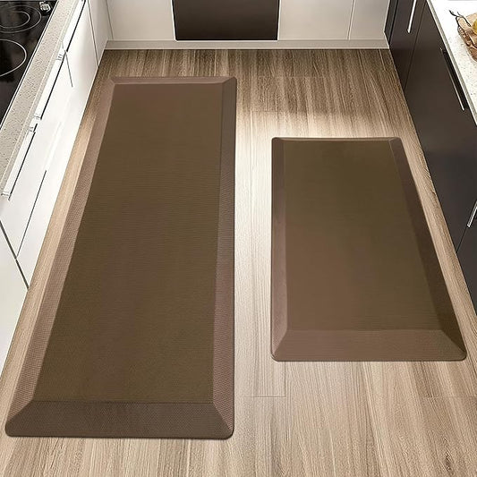2 PCS Anti Fatigue Kitchen Mats for Floor, Brown 9/10 Extra Thick Cushioned Standing Desk Mat, Comfort Memory Foam Ergonomic Rugs and Mats Non-Slip Waterproof for Office, Kitchen, 20"x32"+20"x48"-DeskLoop Office