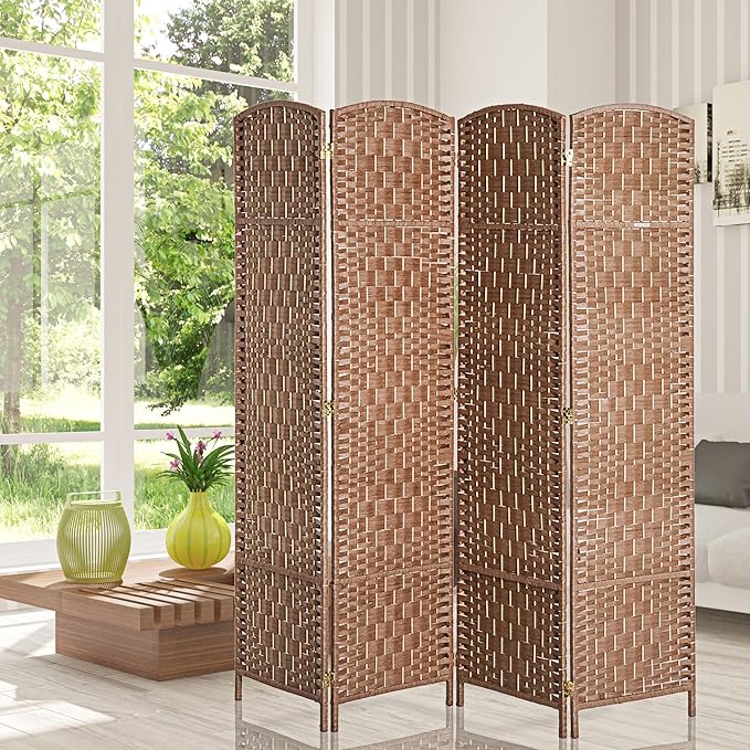 HOMCOM Room Divider 4 Panels Folding Privacy Screen 6FT Tall Portable Wicker Weave Partition Wall Divider for Bedroom Home Office, Natural Wood-DeskLoop Office