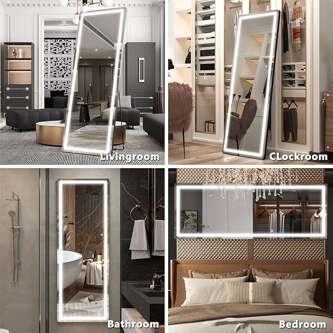 Hasipu Full Length Mirror with Lights, 61" x 22" LED Floor Mirror, Full Body Dressing Standing, Hanging Mounted Mirror for Living Room Bedroom Cloakroom, Round Black-DeskLoop Office