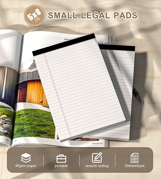 Note Pads 5x8 Small Legal Pads White Notepad, 6 Pack, Narrow Ruled Notepads - Image 2