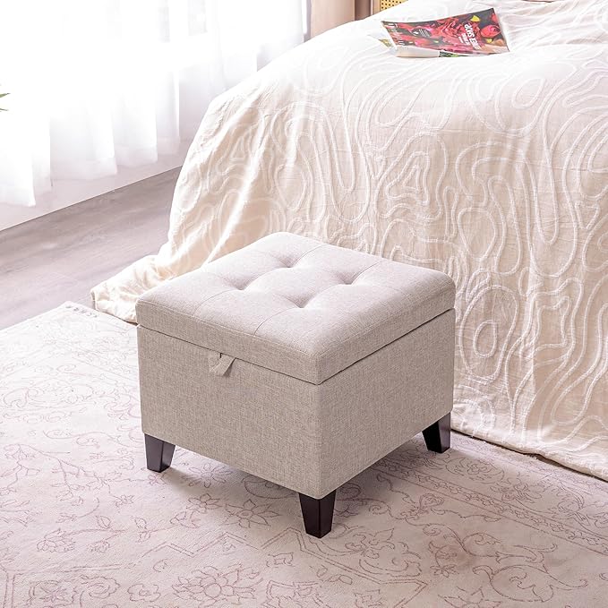 Adeco 18 Inch High Cube Ottoman Storage, Linen Chair Foot Stools, Upholstered Vanity Stool with Hinged Lid, Solid Wood Legs (Beige Grey)-DeskLoop Office