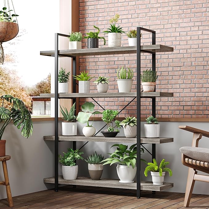 Heavy Duty 4-Tier Industrial Bookcase, 47" Wide Wood Bookshelf for Home Office, 120lbs Shelf Capacity, Rustic Shelving Display with Reinforced Horizontal Shelf for Living Room Bedroom,Grey-DeskLoop Office