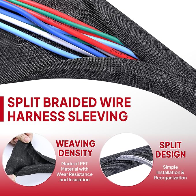 Black Braided Cable Management Sleeves Wire Loom Tubing Cord Protector - Image 3