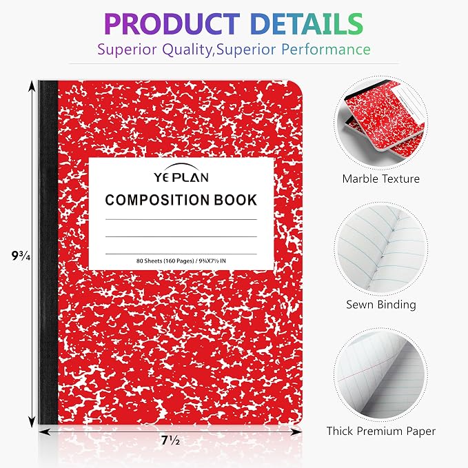 Yeplan Composition Notebooks 4 pack, Wide Ruled Notebook Paper, 9 3/4" x 7 1/2" - Image 2