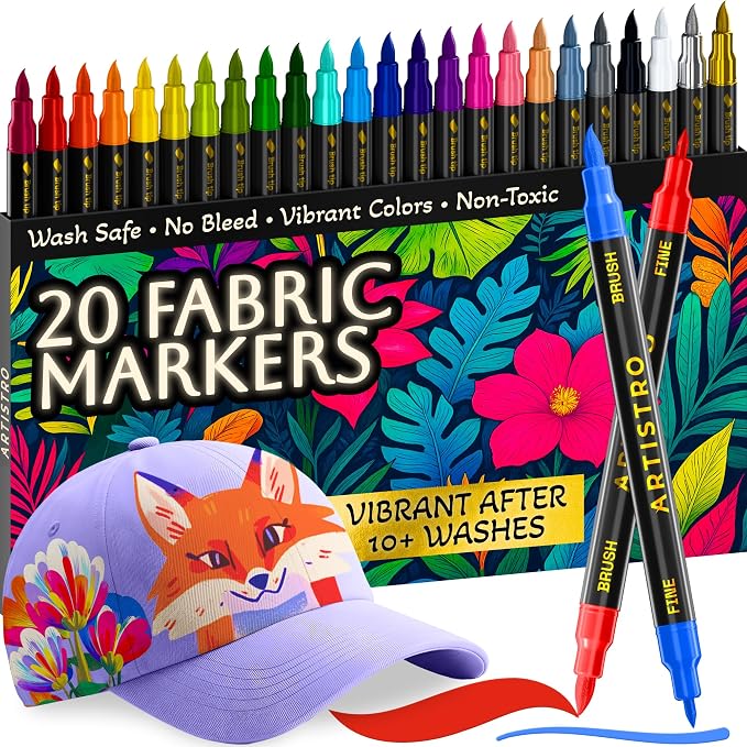 ARTISTRO 20 Fabric Markers for Clothes and Textiles – Permanent No-Bleed Fabric by ARTISTRO