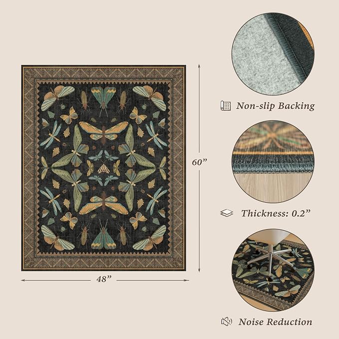 4'x5' Black Office Chair Mat for Hardwood Floors, Insect Boho Design, Non-Slip - Image 2