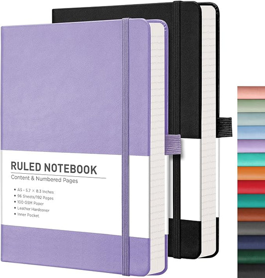RETTACY Lined Journal Notebook, 2-Pack, 192 Numbered Pages per Pack, A5 Medium Size (5.7'' x 8.3''), for Men & Women, Writing, Work, Leather Hardcover, 100 GSM Thick Paper (Black & Purple)-DeskLoop Office