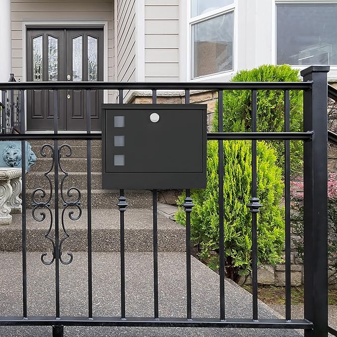 LAND·VOI Locking Mailbox Wall Mounted, Metal Postbox with Three Sets of Mail Box Number Stickers, 4 Keys, 14.4" x 4.5" x 11.2", Large Capacity, Black, AMB11B-DeskLoop Office