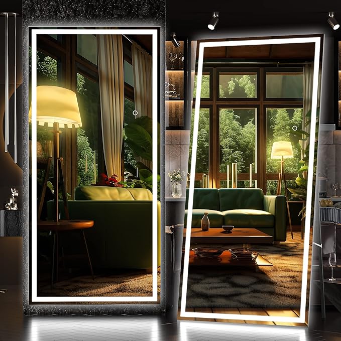 Hasipu Full Length Mirror with Lights, 71" x 32" LED Lighted Floor Standing, Full Body Dressing Hanging Mounted Mirror, Dimmable, Tempered Glass, Safe to Use, Square Black-DeskLoop Office