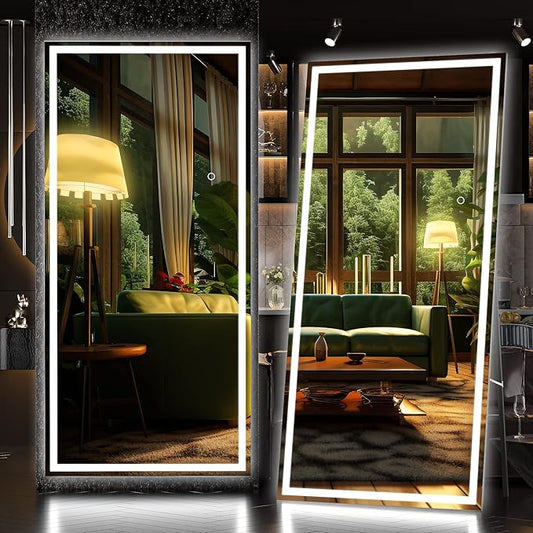Hasipu Full Length Mirror with Lights, 71" x 32" LED Lighted Floor Standing, Full Body Dressing Hanging Mounted Mirror, Dimmable, Tempered Glass, Safe to Use, Square Black-DeskLoop Office