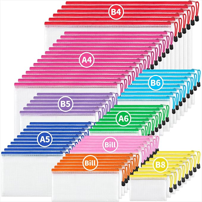 JARLINK 72 Pack 8 Sizes Mesh Pouch, 9 Colors, Waterproof Zipper File Bags by JARLINK