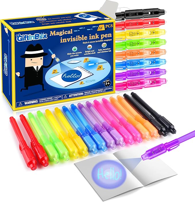 GIFTINBOX Invisible Ink Pen, 16PCS Spy Pen with UV Light for Kids, Birthday Party Favors for Kids 4-8 8-12, Classroom Prize for Students Magic Marker for Secret Message-DeskLoop Office