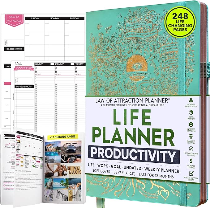 Law of Attraction Planner – Undated Hourly, Weekly & Monthly Goal Setting Planner, 12-Month to Increase Productivity | Life & Gratitude Journal, Include Foldable Vision Board, Gift Box & Stickers-DeskLoop Office
