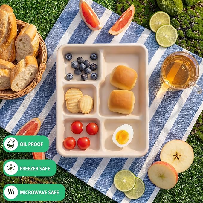 WELLIFE 125 Pack Kids Small 5-Compartment Paper Plates, 10.25x8.25 Inch 100% - Image 5
