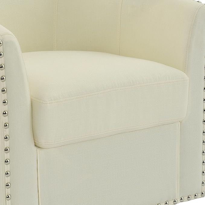 UIXE 360° Swivel Barrel Accent Chair, Modern Upholstered Arm Chair Round Club Armchair, Nailhead Trim Single Sofa Seating in Fabric for Living Room - White-DeskLoop Office