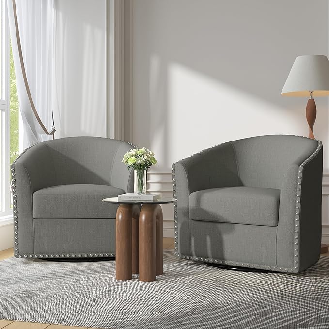 UIXE 360° Swivel Barrel Accent Chair Set of 2, Modern Upholstered Arm Chair Round Club Armchair, Nailhead Trim Single Sofa Seating in Fabric for Living Room - Light Gray-DeskLoop Office