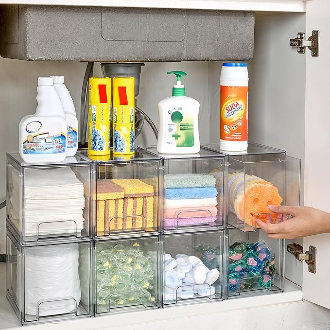 Vtopmart 4 Pack Stackable Storage Drawers, 6.6''Tall Acrylic Bathroom Makeup Organizers,Clear Plastic Drawers For Vanity, Undersink, Kitchen Cabinet,Pantry Organization and Storage-DeskLoop Office