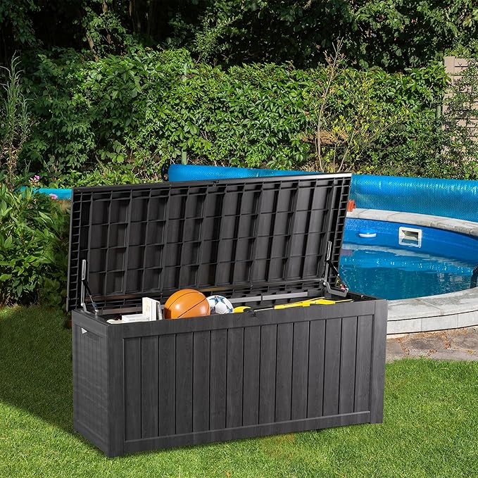 200 Gallon Lockable Resin Deck Box, Waterproof & UV-Resistant Outdoor Storage Box for Outdoor Cushion Storage, Garden Tools & Pool Accessories Storage, Black-DeskLoop Office