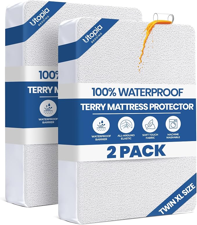 Twin XL Size Mattress Protector Waterproof 2 Pack, Premium 200 GSM Terry by UTOPIABEDDING