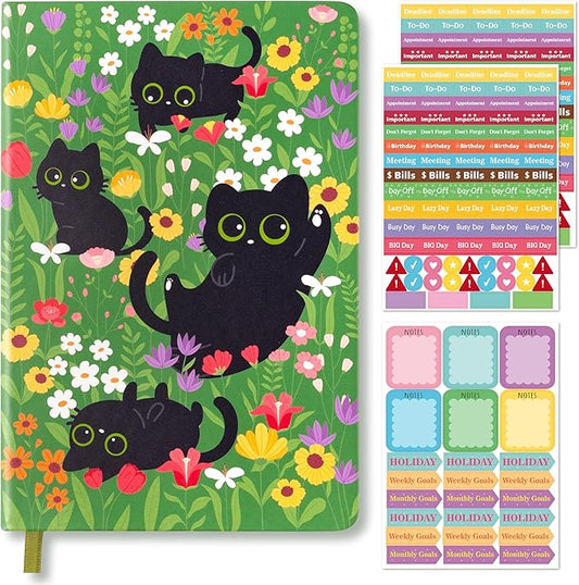 B1ykin Hardcover Ruled Journal Notebook with Planner Stickers, 196 Pages PU Leather Journal Notebook Journals Diary Notepad for Writing Travel Business Work School College Taking (Black Cat Floral)-DeskLoop Office