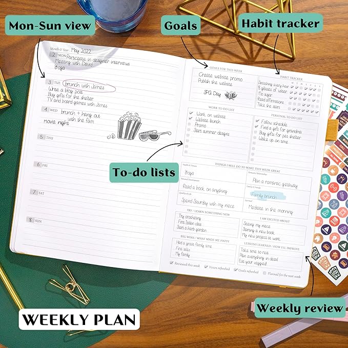 Legend Planner PRO – Deluxe Weekly & Monthly Life Planner to Increase Productivity and Hit Your Goals. Time Management Organizer Notebook – Undated – 7 x 10" Hardcover + Stickers – Amber Yellow-DeskLoop Office
