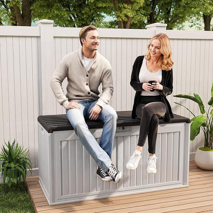 Gizoon 100 Gallon Deck Box, Resin Outdoor Storage Box with Lockable Lid, Waterproof and UV Resistant, Perfect for Storing Patio Mats, Garden Tools, Home and Outdoor Organization-DeskLoop Office