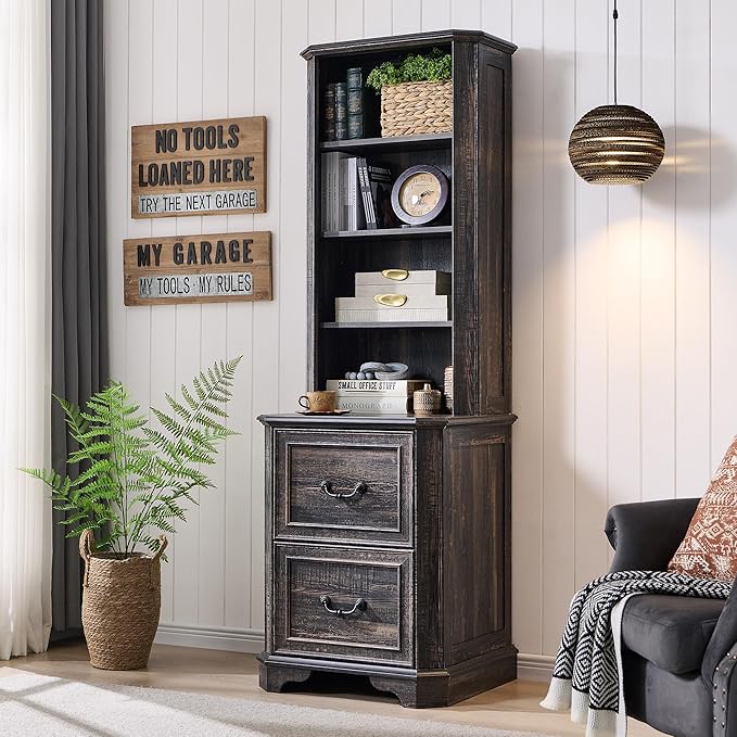 T4TREAM 6-Tier Bookcase with 2 File Drawers, 72" Tall Farmhouse Bookshelf with Storage & Adjustable Shelves, Wooden Floor Standing Display Book Shelf Organizer for Home Office, Dark Rustic Oak-DeskLoop Office