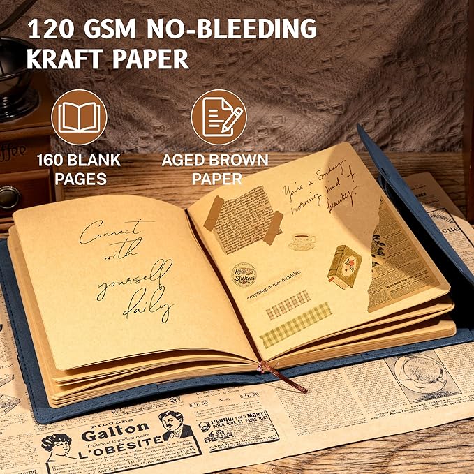 Vintage Leather Journal for Women Men, Junk Journal Notebook Soft Cover, Book of Shadows Journals for Travel Diary Scrapbook Sketchbook Journaling Writing, Blue-DeskLoop Office