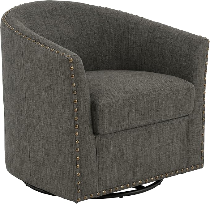 UIXE 360° Swivel Barrel Accent Chair, Modern Upholstered Arm Chair Round Club Armchair, Nailhead Trim Single Sofa Seating in Fabric for Living Room - Gray-DeskLoop Office