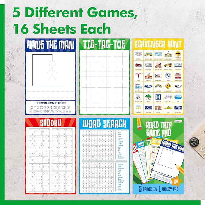 Road Trip Game Pad, 80 Perforated Sheets Travel Activity Pad, 5 Games in 1 Pad - Image 3