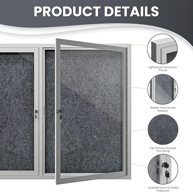 48"x36" Lockable Enclosed Bulletin Board, Outdoor Flet Weather-Resistant - Image 5