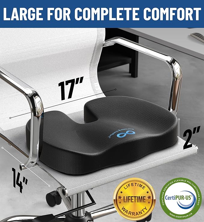 Everlasting Comfort Doctor Recommended Memory Foam Seat Cushion for Office Chairs & Car Seat - Ergonomic Office Desk Accessories for Tailbone Pain Relief, Sciatica & Back Support-DeskLoop Office