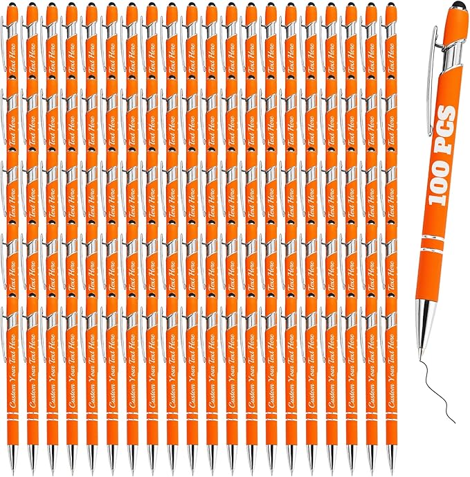 Personalized Pens Bulk 100 with Name Custom Engraving Ballpoint Pens with Stylus Tip Customized Smooth Writing Pens Personalized Gifts for Anniversary Birthday or Graduation(Orange,Black Ink)