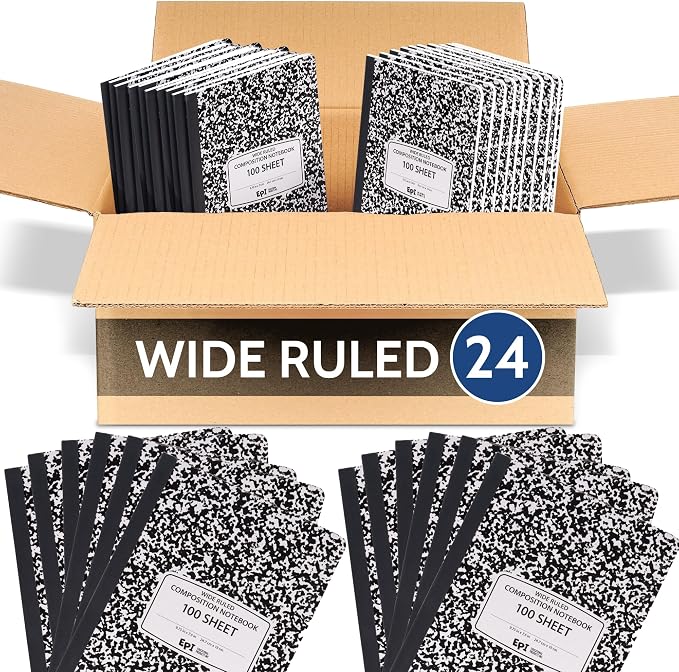 24 Pack - EPI Marble Hardcover Wide Ruled Composition Notebook | 200 Pages by EPI