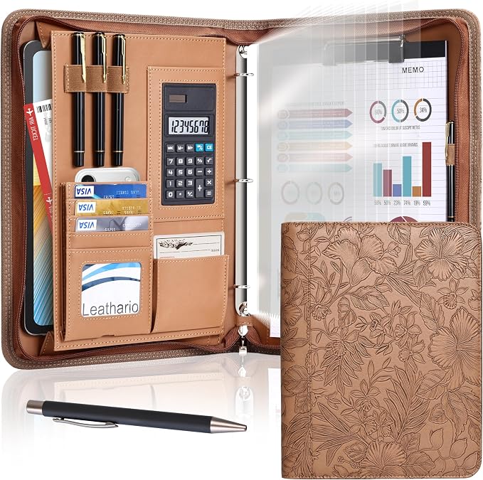 Leathario Portfolio Binder, Includes 5 Sheet Protectors and a Pen, 13 Inch by Leathario