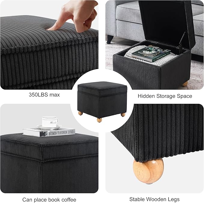 Adeco 17 Inch High Striped Flannel Black Cube Ottoman Storage, 3D Embossed Velvet Chair Foot Stools, Upholstered Vanity Stool with Hinged Lid, Solid Round Wood Legs-DeskLoop Office