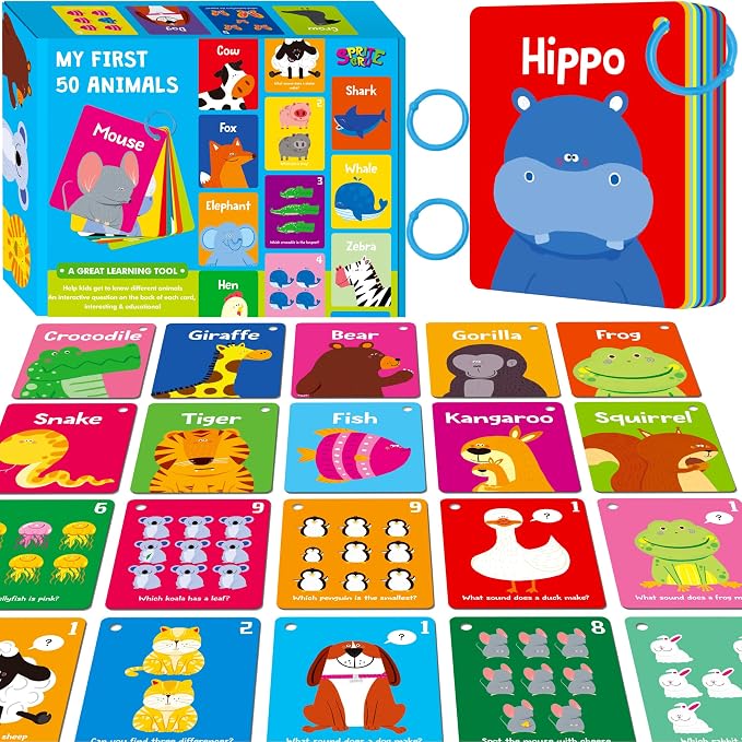 Animal Flashcards, 50 Double-Sided Cards, Wild/Farm/Marine Animal Cards by SpriteGru