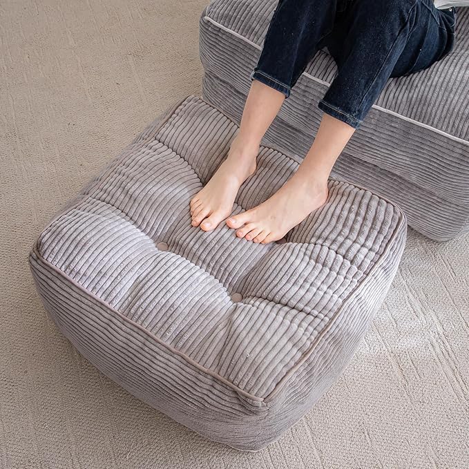 HIGOGOGO Square Stuffed Pouf Ottoman, Corduroy Poufs with Foam Chunk Filling, Furry and Fluffy Pouf Foot Stool Storage Ottoman, 21 X 21 Floor Poufs Foot Rest for Living Room, Grey-DeskLoop Office
