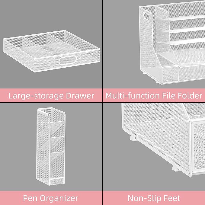 SUPEASY Desk Organizer with File Holder, 5-Tier Mesh Paper Letter Tray and 3 - Image 4