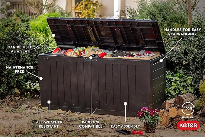 Keter Marvel Plus 71 Gallon Resin Outdoor Storage Box for Patio Furniture Cushions, Throw Pillows, Garden Tools and Pool Floats, Brown-DeskLoop Office