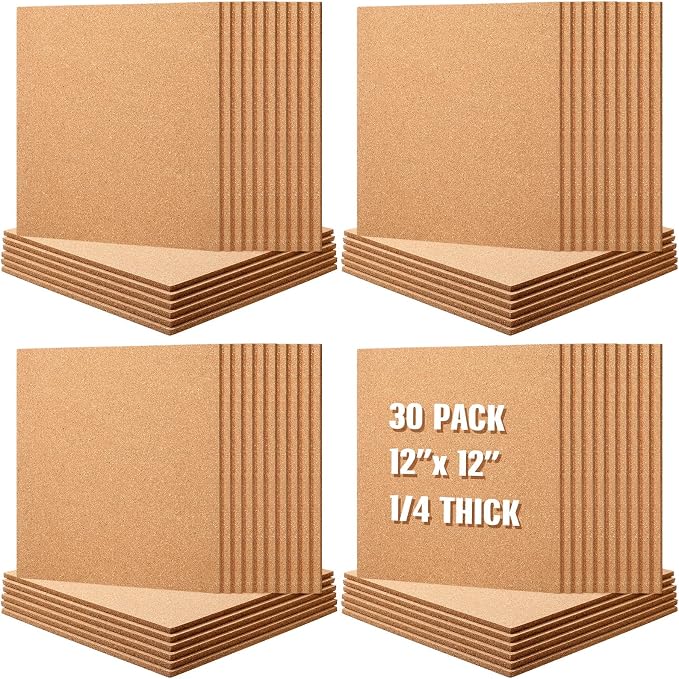 Kosiz 30 Pack Cork Board Square 12" x 12", 1/4" Thick Cork Board Tiles Bulk by Kosiz